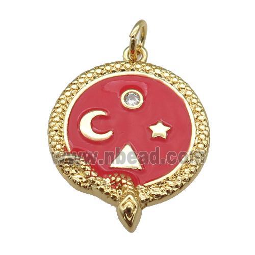 Copper Snake Penant Red Enamel Moon Star Gold Plated