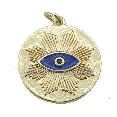 copper circle pendant with navyblue enamel eye, gold plated