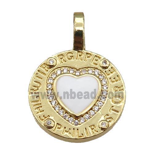copper circle pendant paved zircon with white enamel heart, gold plated