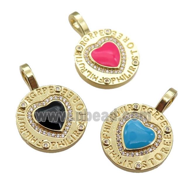copper circle pendant paved zircon with enamel heart, gold plated, mixed