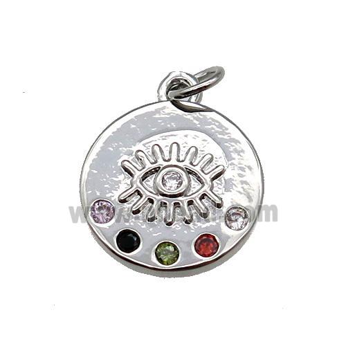 copper Circle pendant paved zircon, eye, platinum plated