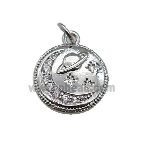 copper Circle pendant paved zircon, moon, platinum plated