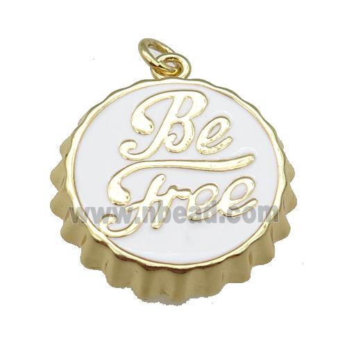 copper soda Bottle Cap pendant with white enamel, Be Free, gold plated