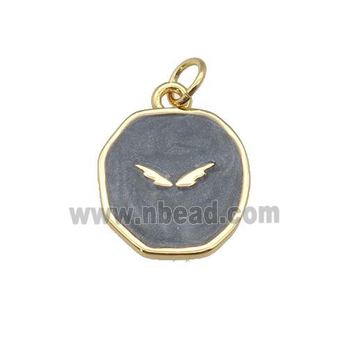 copper circle pendant with black enamel, wing, gold plated