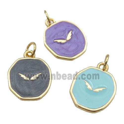 copper circle pendant with enamel, wing, gold plated, mixed