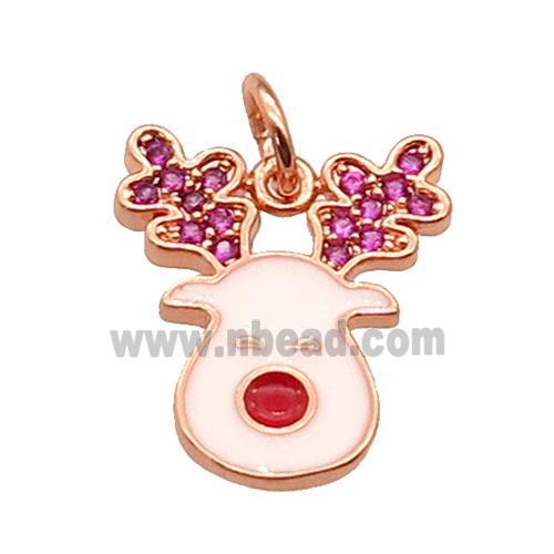 copper Christmas Reindeer Charms pendant paved zircon with white enamel, rose gold
