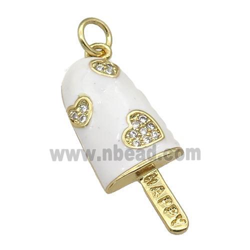 copper Icecream charm pendant paved zircon, white enamel, gold plated