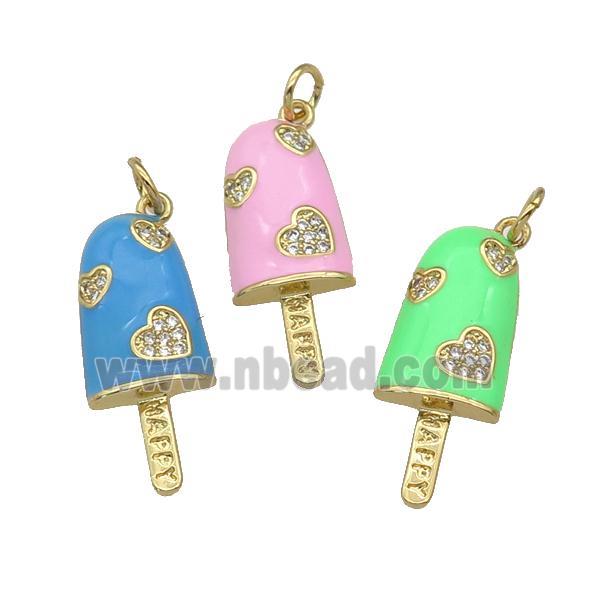 copper Icecream charm pendant paved zircon, enamel, gold plated, mixed