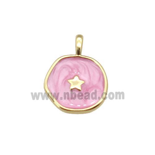 copper coin pendant with pink enamel, star, gold plated