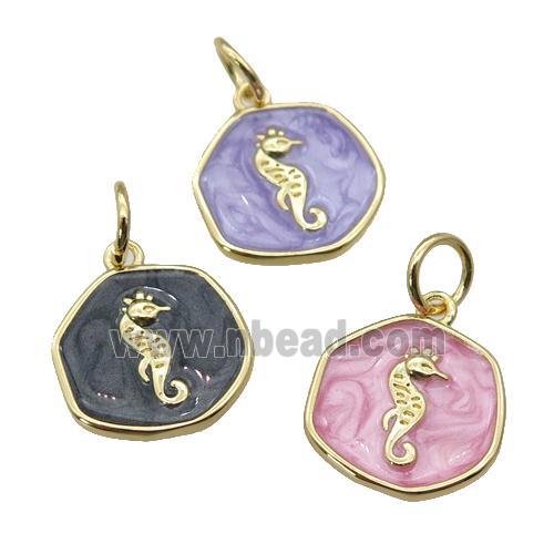 copper coin circle pendant with enamel, seahorse, gold plated, mixed