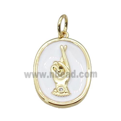 copper oval pendant with white enamel, hand, gold plated