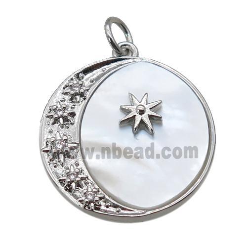 copper Moon pendant paved zircon, shell, platinum plated