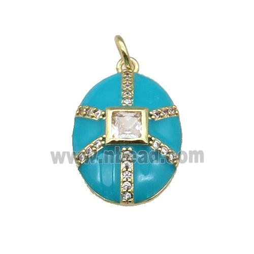 copper oval pendant paved zircon, teal enamel, gold plated