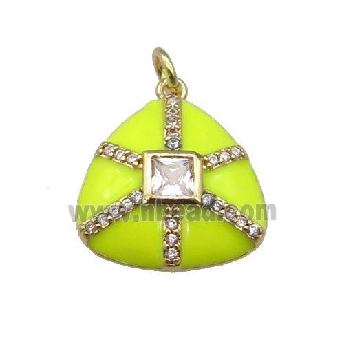 copper triangle pendant paved zircon, yellow enamel, gold plated