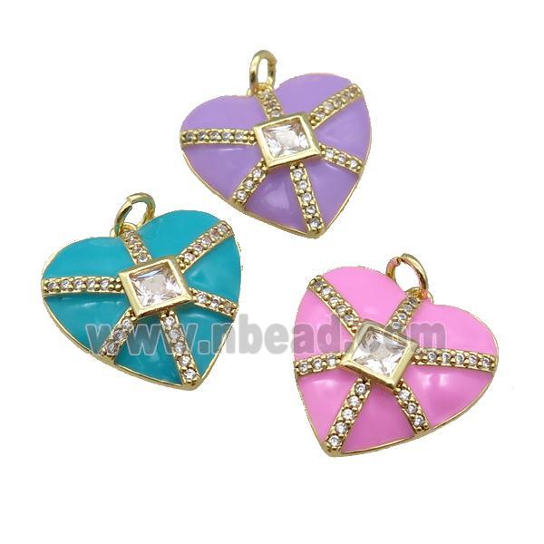 copper heart pendant paved zircon, enamel, gold plated, mixed