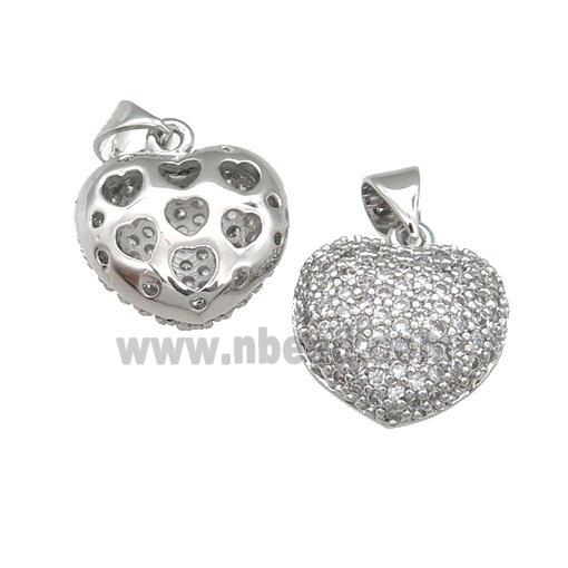 copper heart pendant pave zircon, platinum plated