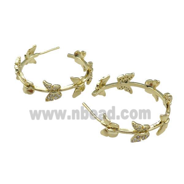 copper Stud Earring paved zircon, butterfly, gold plated