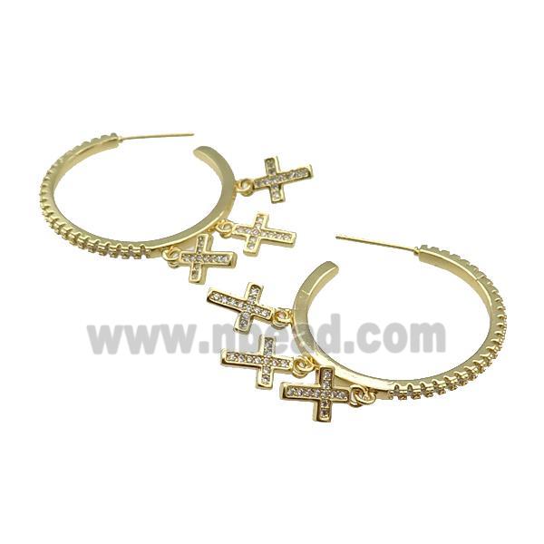 copper Stud Earring paved zircon, cross, gold plated