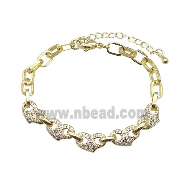 copper Bracelet with heart paved zircon, adjustable, gold plated