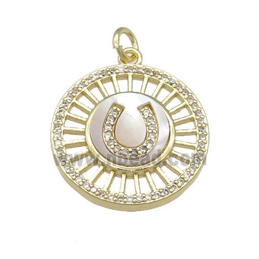 copper circle pendant pave shell, gold plated