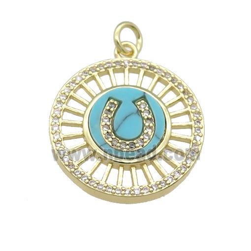 copper circle pendant pave Turquoise, gold plated