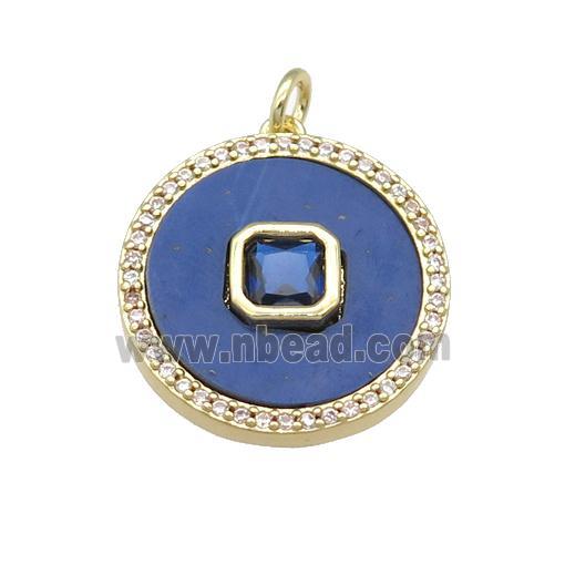 copper circle pendant pave Lapis, blue zircon, gold plated