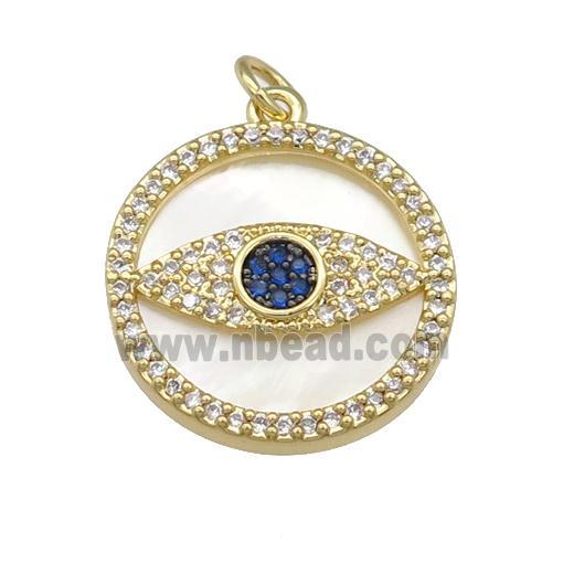 copper circle Eye pendant paved zircon, shell, gold plated