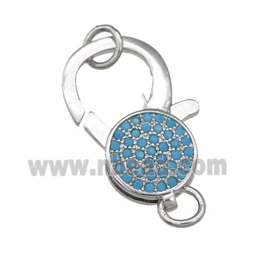 copper Lobster Clasp paved turq zircon, platinum plated