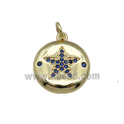 copper circle Star pendant pave blue zircon, gold plated