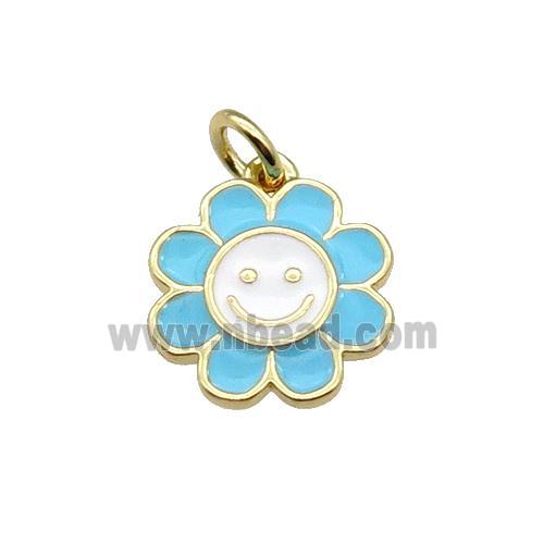 copper sunflower pendant with aqua enamel, happyface, gold plated