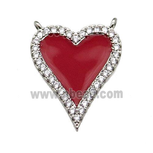 copper Heart pendant pave zircon with red enamel, platinum plated