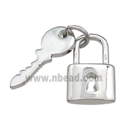 copper Lock-Key charm pendant, platinum plated