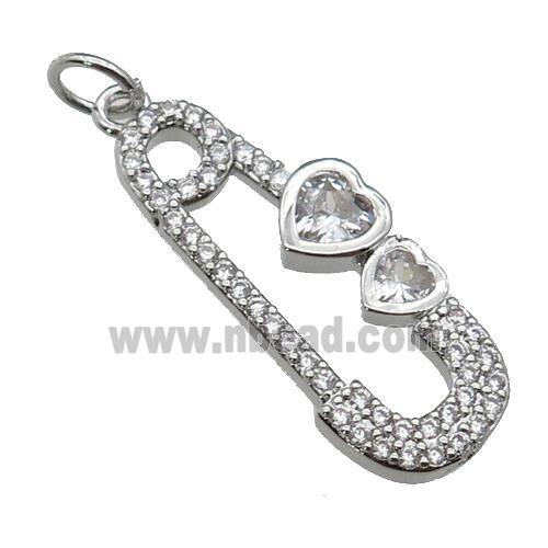 copper Safety Pins pendant pave zircon, platinum plated