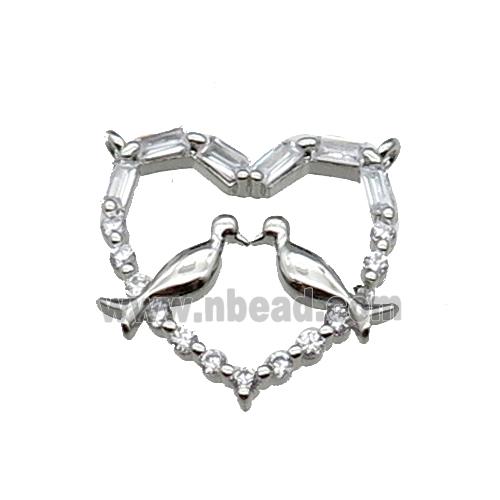 copper Heart pendant pave zircon, couple birds, platinum plated