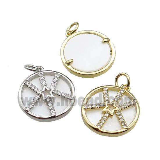 copper circle star pendant pave zircon, shell, mixed