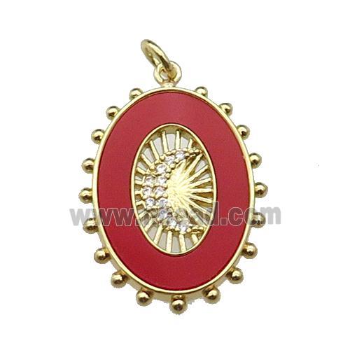 copper oval pendant pave redstone zircon, moon, gold plated