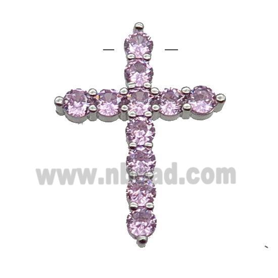 copper Cross pendant pave zircon, pink, platinum plated