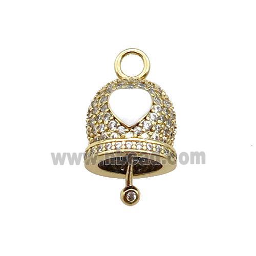 copper Bell pendant pave zircon, white enamel, gold plated