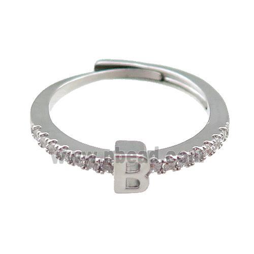copper Ring pave zircon, letter-B, adjustable, platinum plated