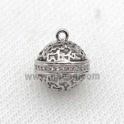 copper round ball pendant pave zircon hollow platinum plated