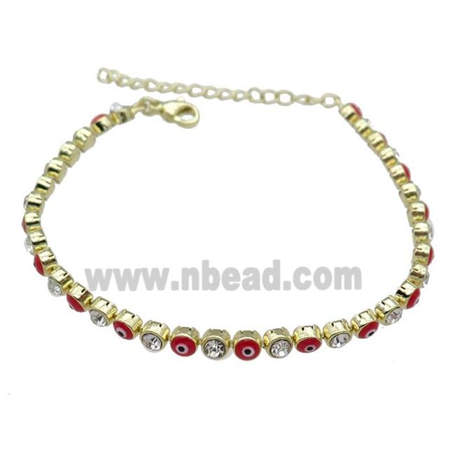 Copper Red Enamel Evil Eye Bracelet Pave Zircon Gold Plated