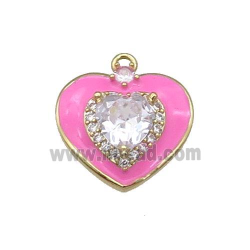 Copper Heart Pendant Pave Zircon Hotpink Enamel Gold Plated