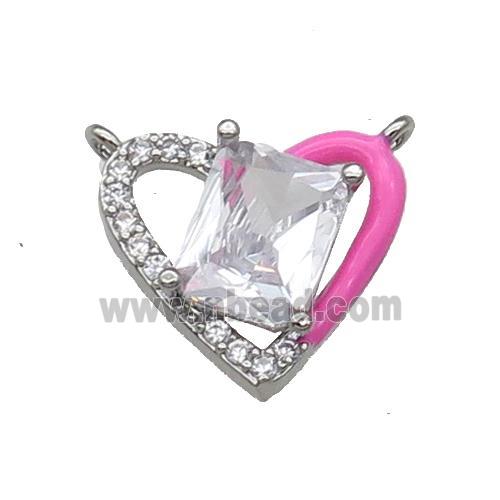 Copper Heart Pendant Pave Zircon DeepPink Enamel Platinum Plated