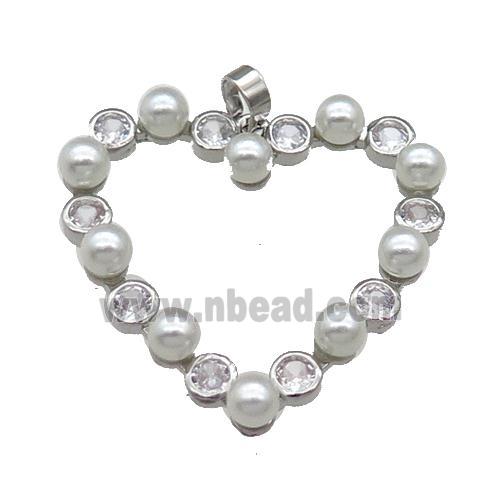 Copper Heart Pendant Pave Zircon Pearlized Glass Platinum Plated