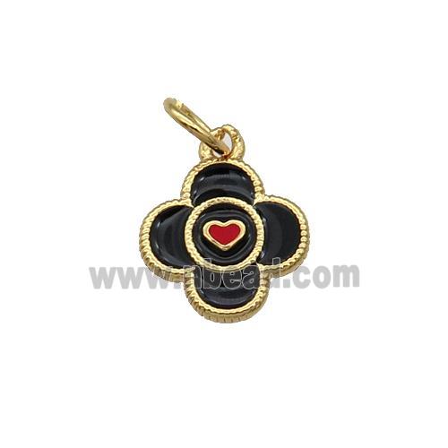 Copper Clover Pendant Black Enamel Heart Gold Plated