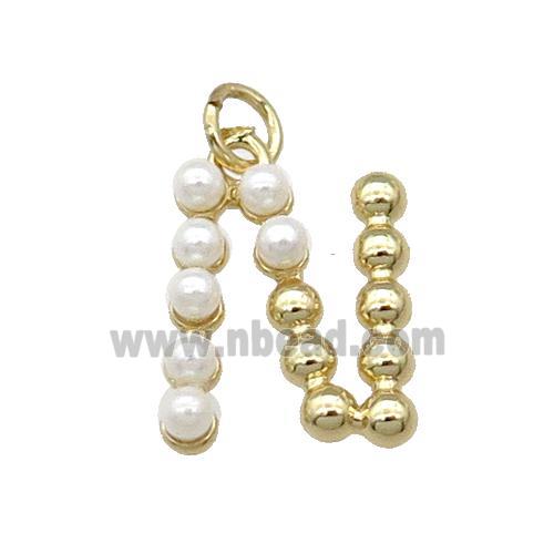 Copper Letter-N Pendant Pave Pearlized Glass Gold Plated