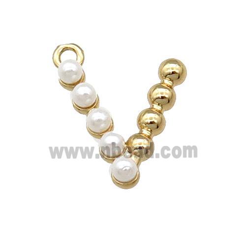 Copper Letter-V Pendant Pave Pearlized Glass Gold Plated