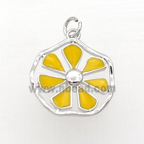 Copper Flower Pendant Yellow Enamel Platinum Plated