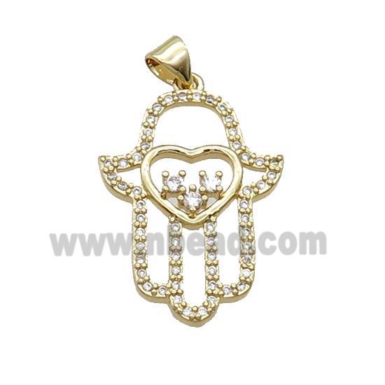 Copper Hamsahand Pendant Pave Zircon Heart Gold Plated