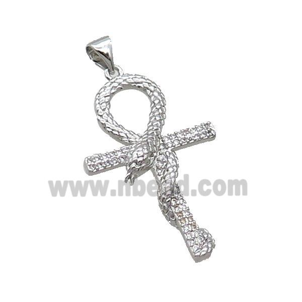 Copper Cross Pendant Pave Zircon Snake Platinum Plated